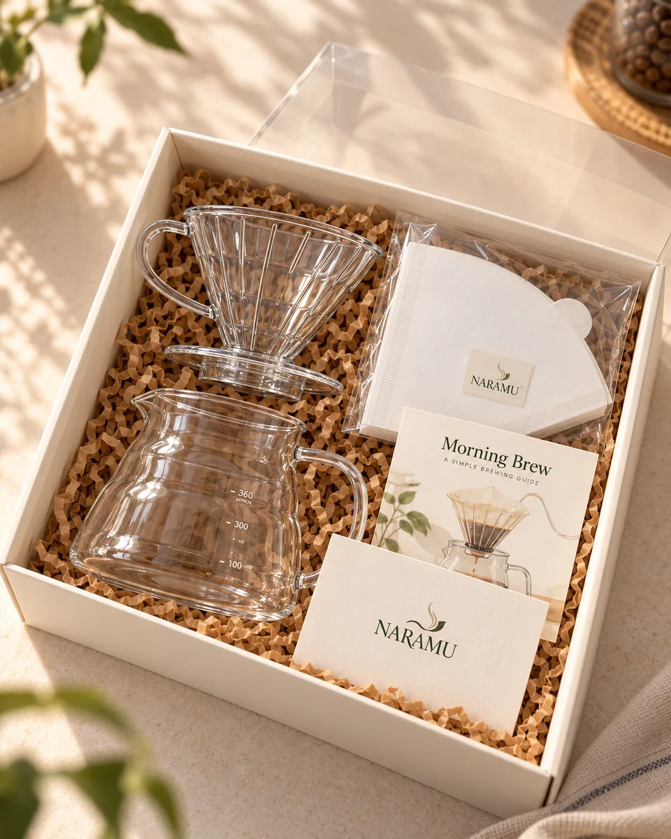 Visual konsep Morning Brew NARAMU: alat seduh V60 dan glass server dalam box ivory yang dirangkai dengan filler kraft.