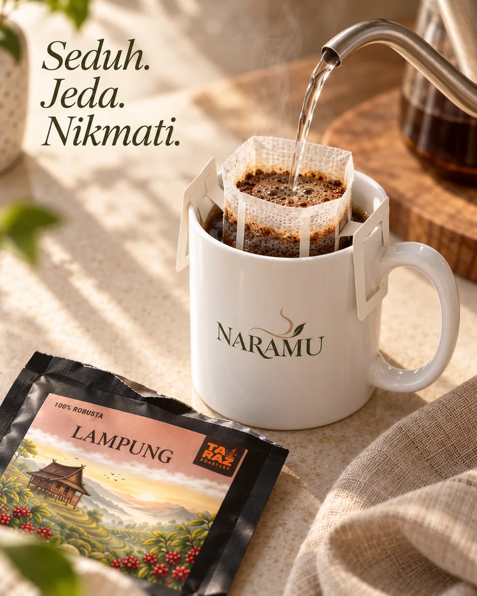 Ilustrasi secangkir kopi drip bag untuk jeda pagi yang tenang.