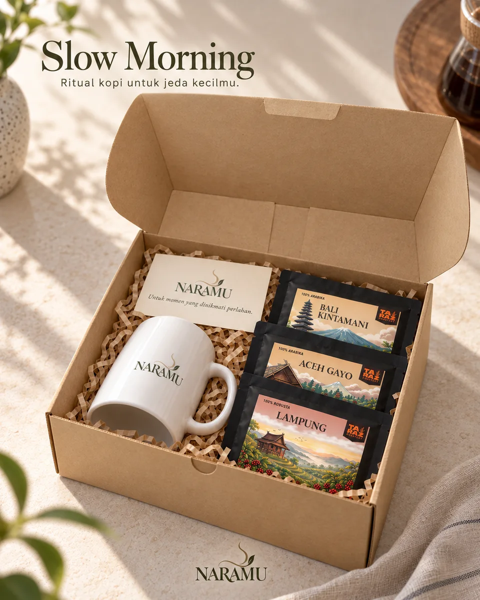 Mockup Slow Morning: mug putih, tiga drip bag Taraz, dan greeting card dalam box kraft terbuka.