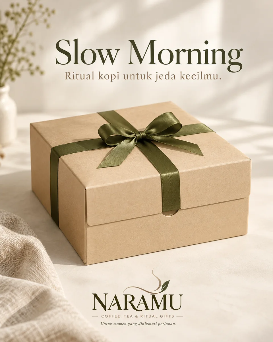 Visual konsep kemasan kraft NARAMU dengan pita olive dan greeting card.